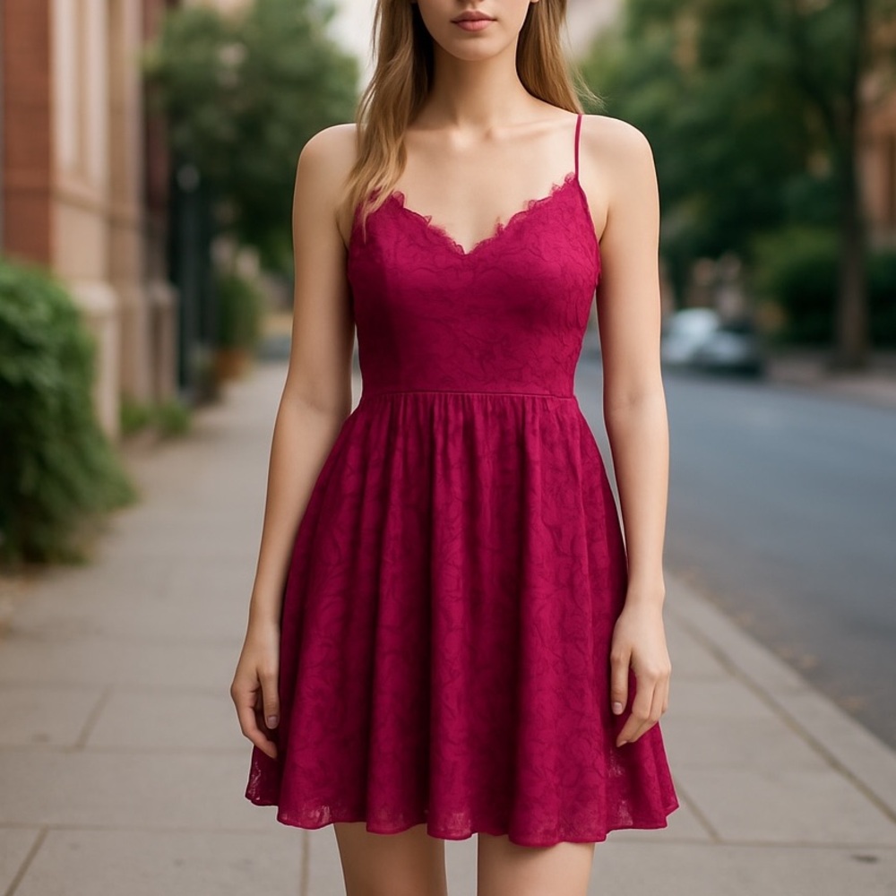 BB Dakota RSVP | Elegant Lace Spaghetti Strap Dress in Deep Pink - Romantic